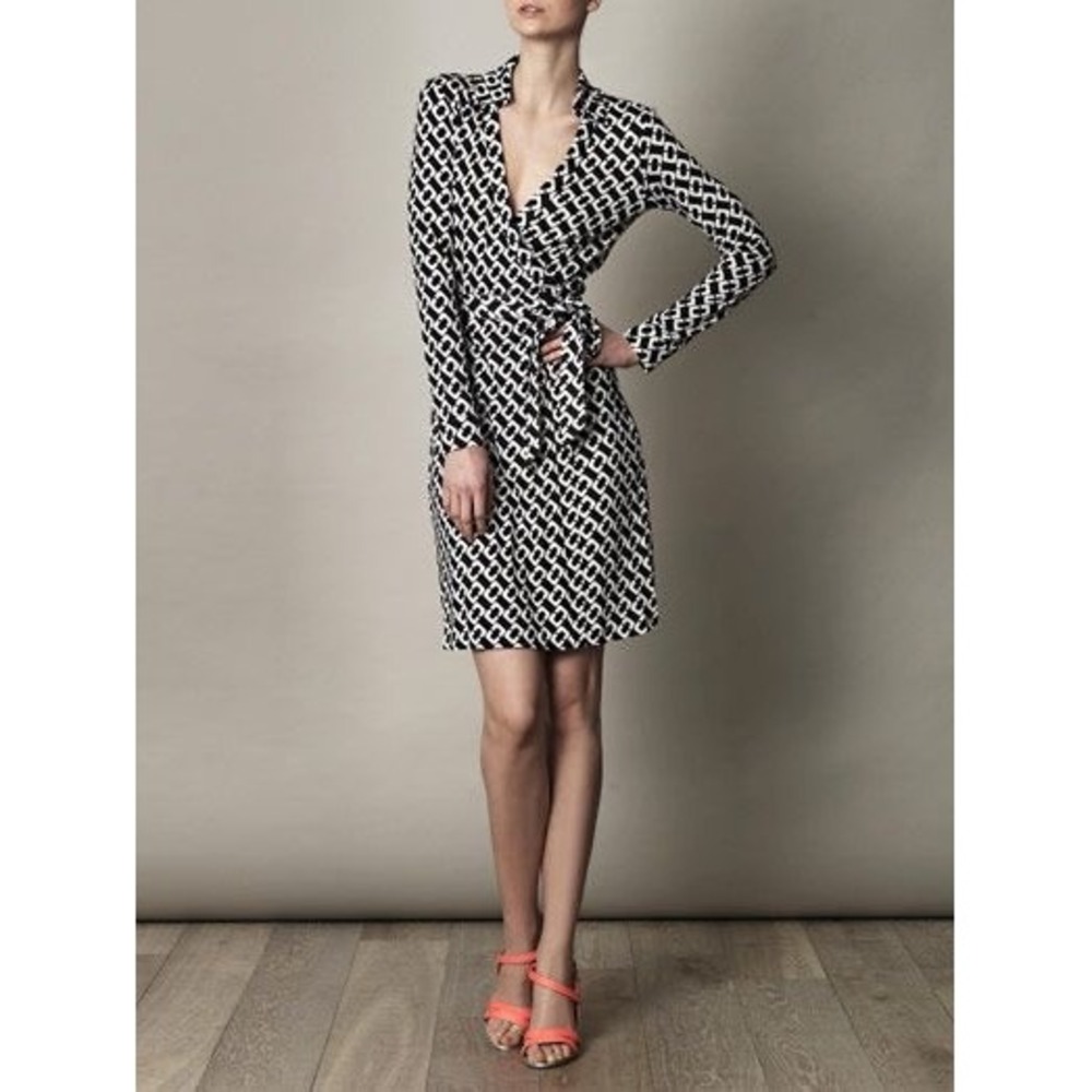 Diane von Furstenberg DVF Jeanne Silk Jersey Wrap Dress Black Pink Link Print 4
